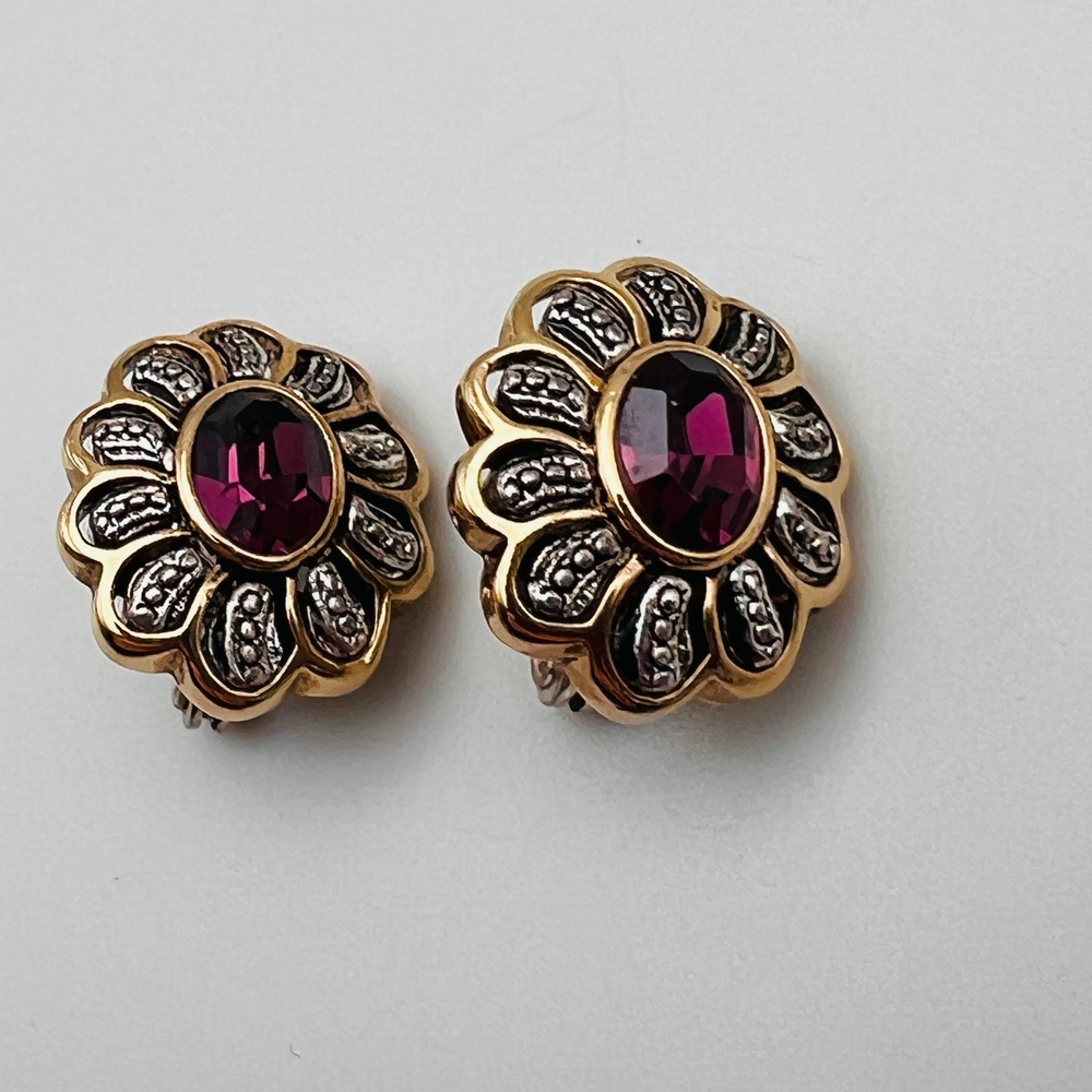 Vintage Mixed Metal Purple Stone Floral Clip On Earrings Oval Gold Silver Tone